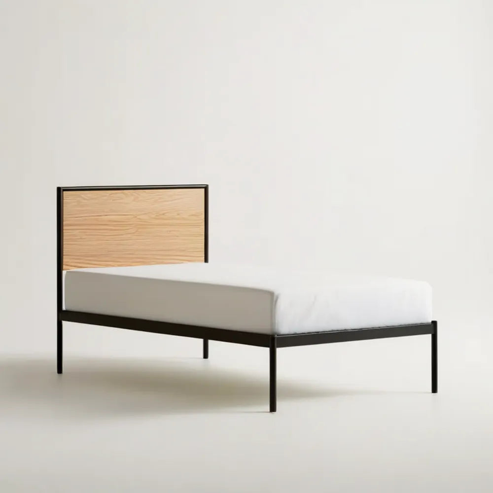 Łóżko stalowe czarne z zagłówkiem MDF w kolorze jasnego dębu, 90 x 200 cm