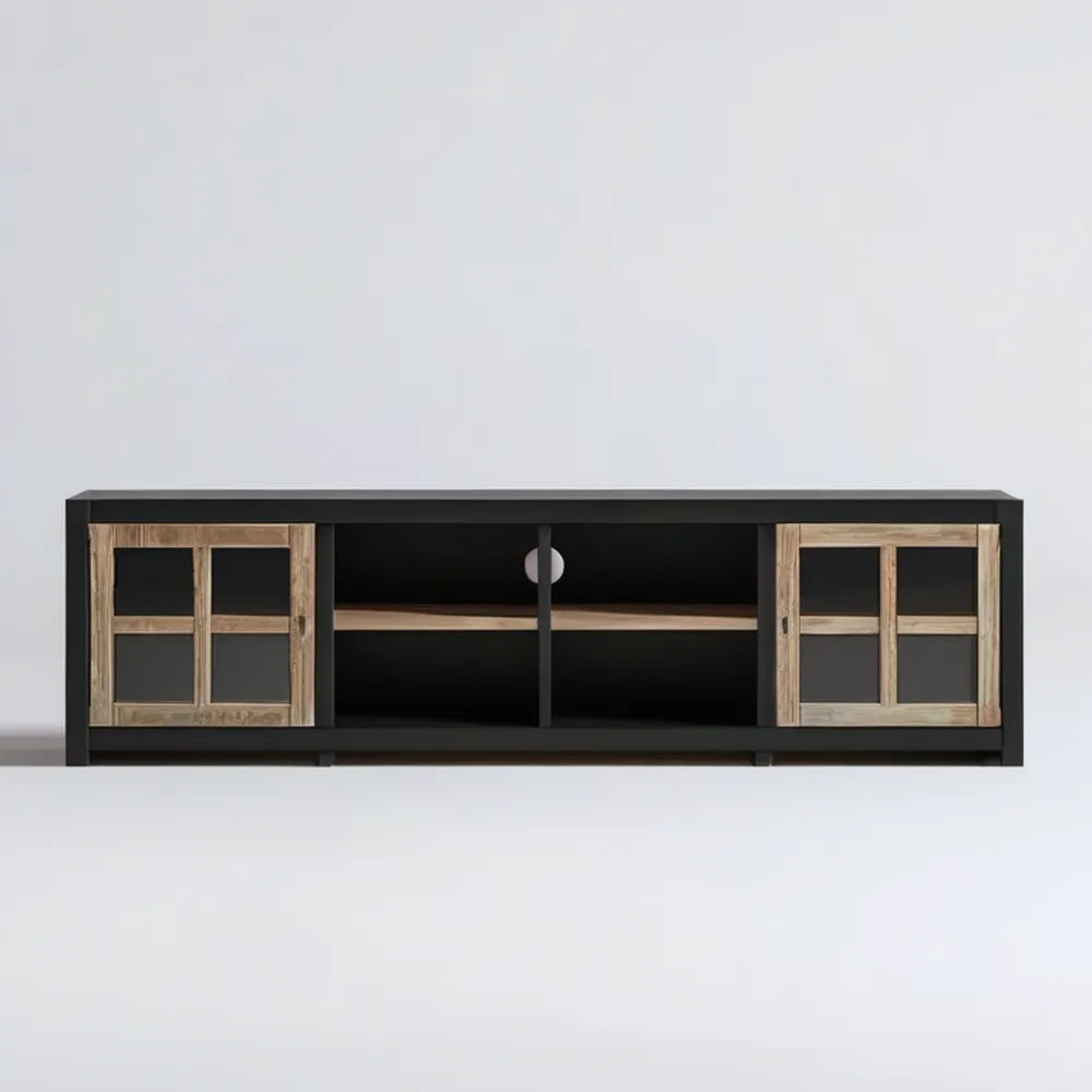 Szafka RTV 180 x 40 x 45 cm czarna z naturalnymi drewnianymi frontami przesuwnymi