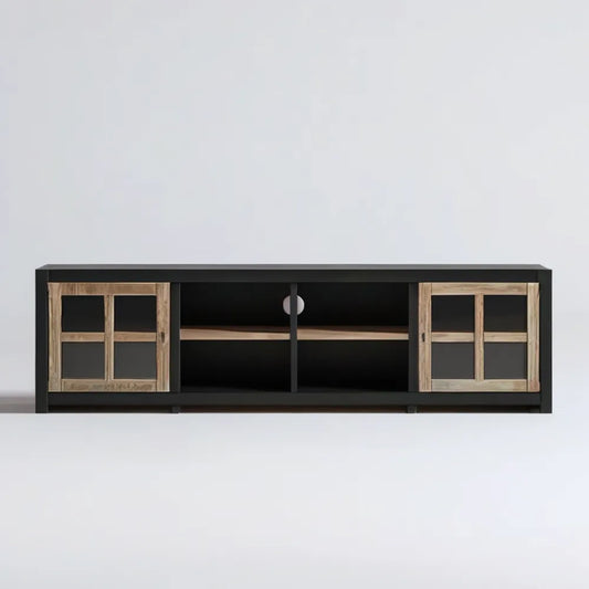 Szafka RTV 180 x 40 x 45 cm czarna z naturalnymi drewnianymi frontami przesuwnymi
