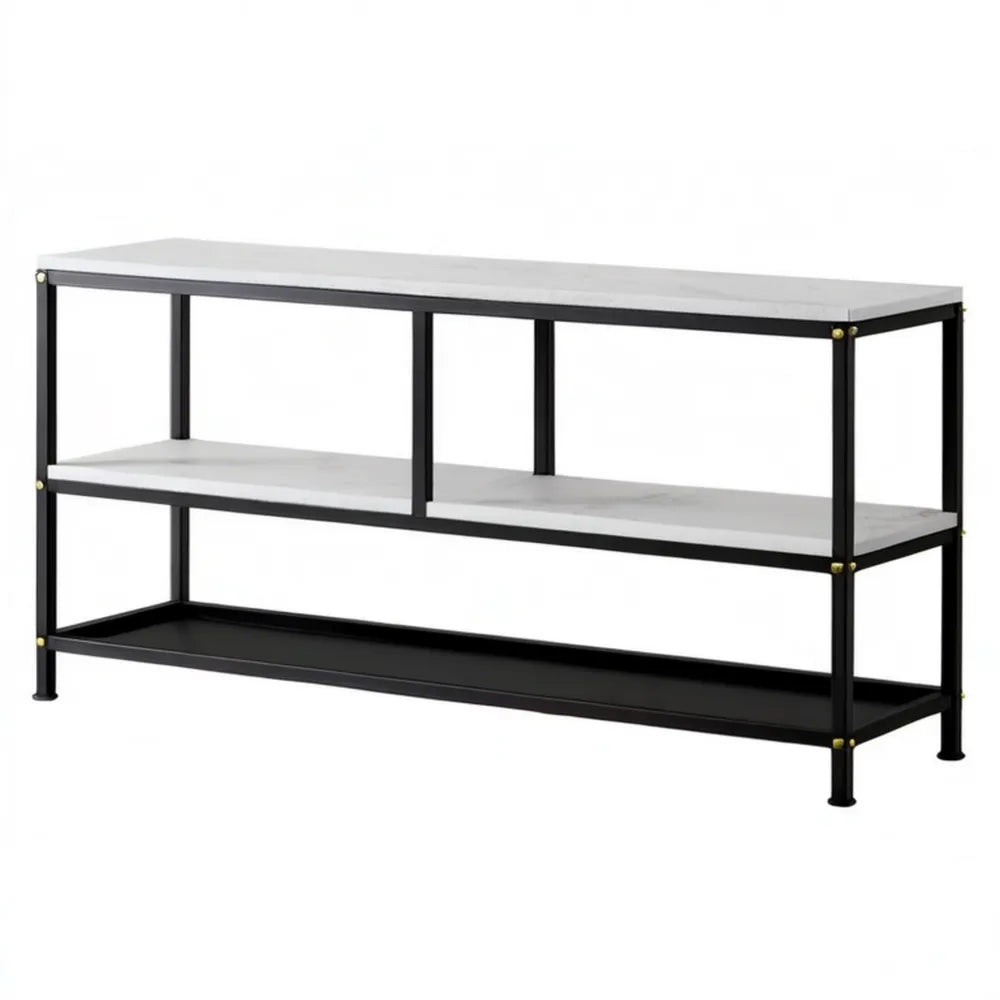 Stolik multimedialny MDF i stal 140 x 40 x 80 cm biały marmur/czarny/złoty