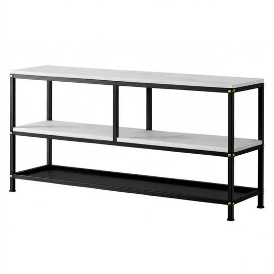 Stolik multimedialny MDF i stal 140 x 40 x 80 cm biały marmur/czarny/złoty