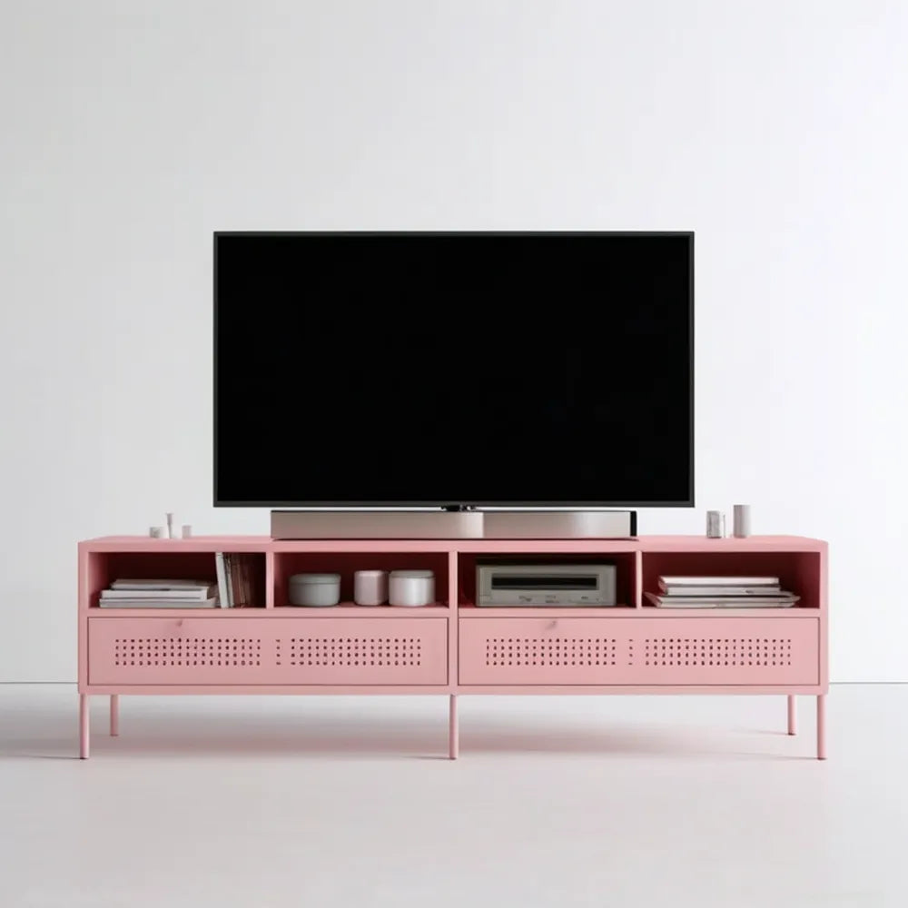 Różowa stalowa szafka RTV 180 x 40 x 60 cm z perforowanymi drzwiami