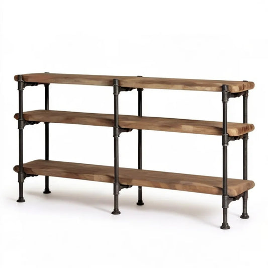 Szafka RTV industrialna z 3 półkami z drewna mango i stali, brązowo-czarna, 140 × 40 × 80 cm