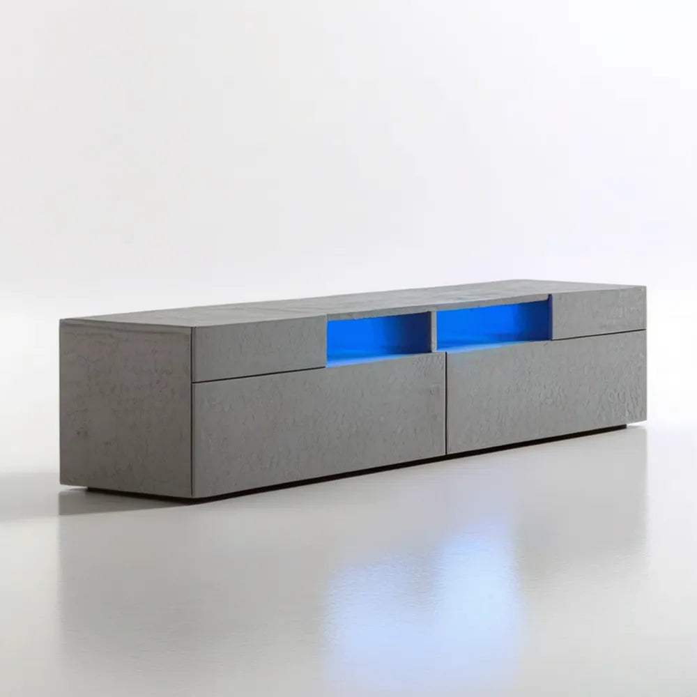 Szafka RTV z laminowanej płyty wiórowej, szara z niebieskim oświetleniem LED, 160 × 40 × 45 cm