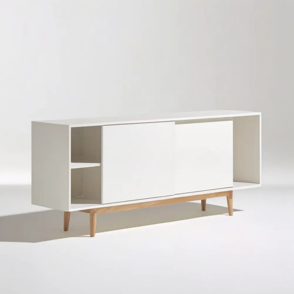 Biała szafka RTV z płyty MDF na nogach z litego drewna sosnowego, 150 x 40 x 60 cm