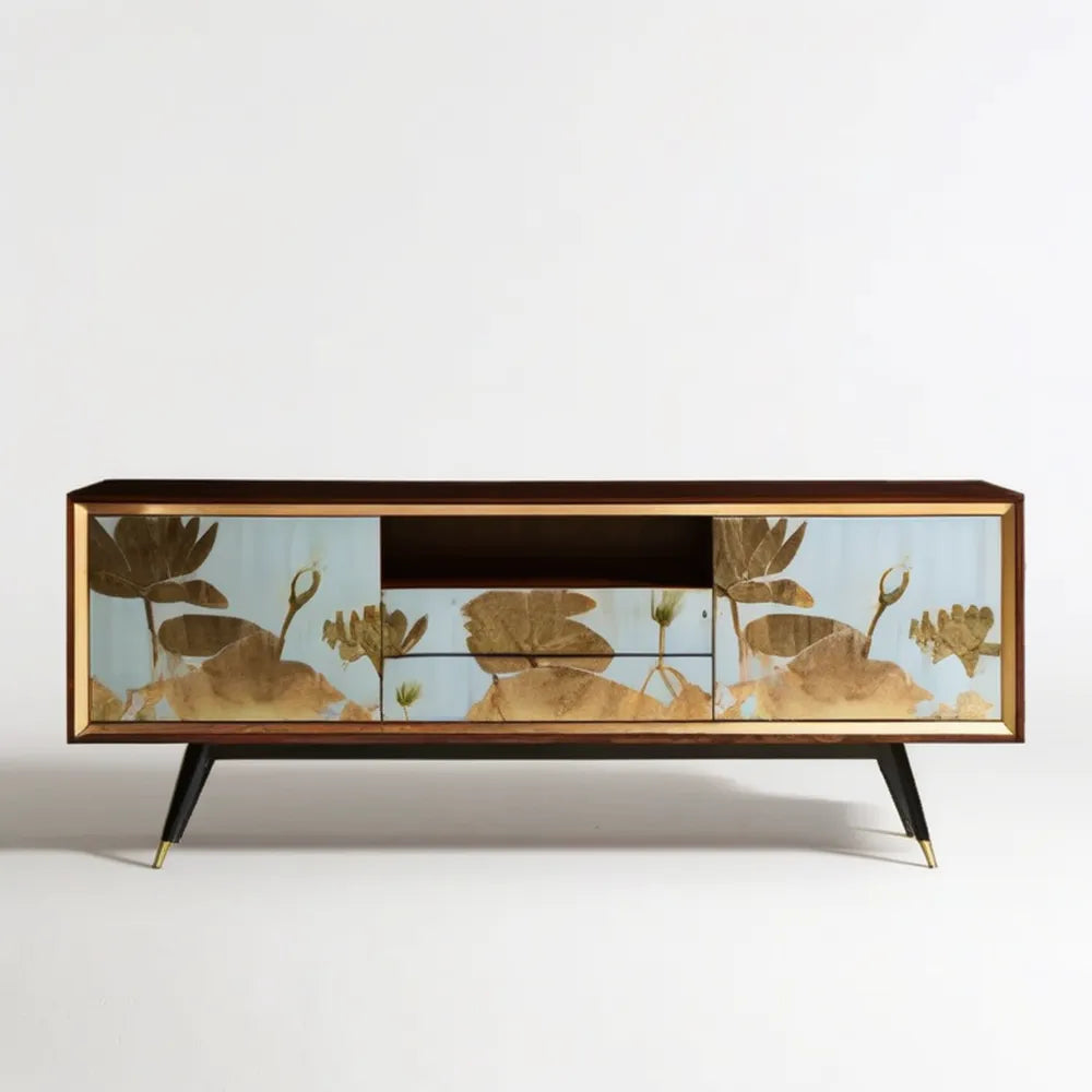 Szafka RTV z MDF i szkła hartowanego z motywem roślinnym, brązowo-złota, 160 x 40 x 60 cm