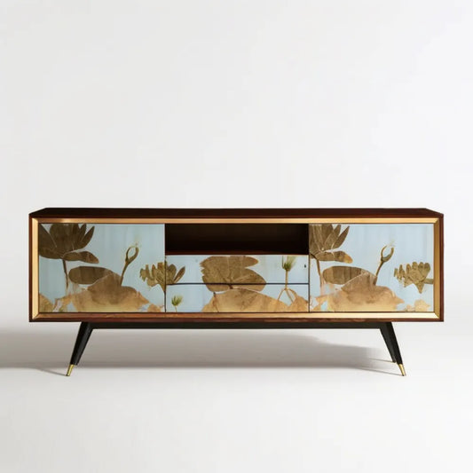 Szafka RTV z MDF i szkła hartowanego z motywem roślinnym, brązowo-złota, 160 x 40 x 60 cm