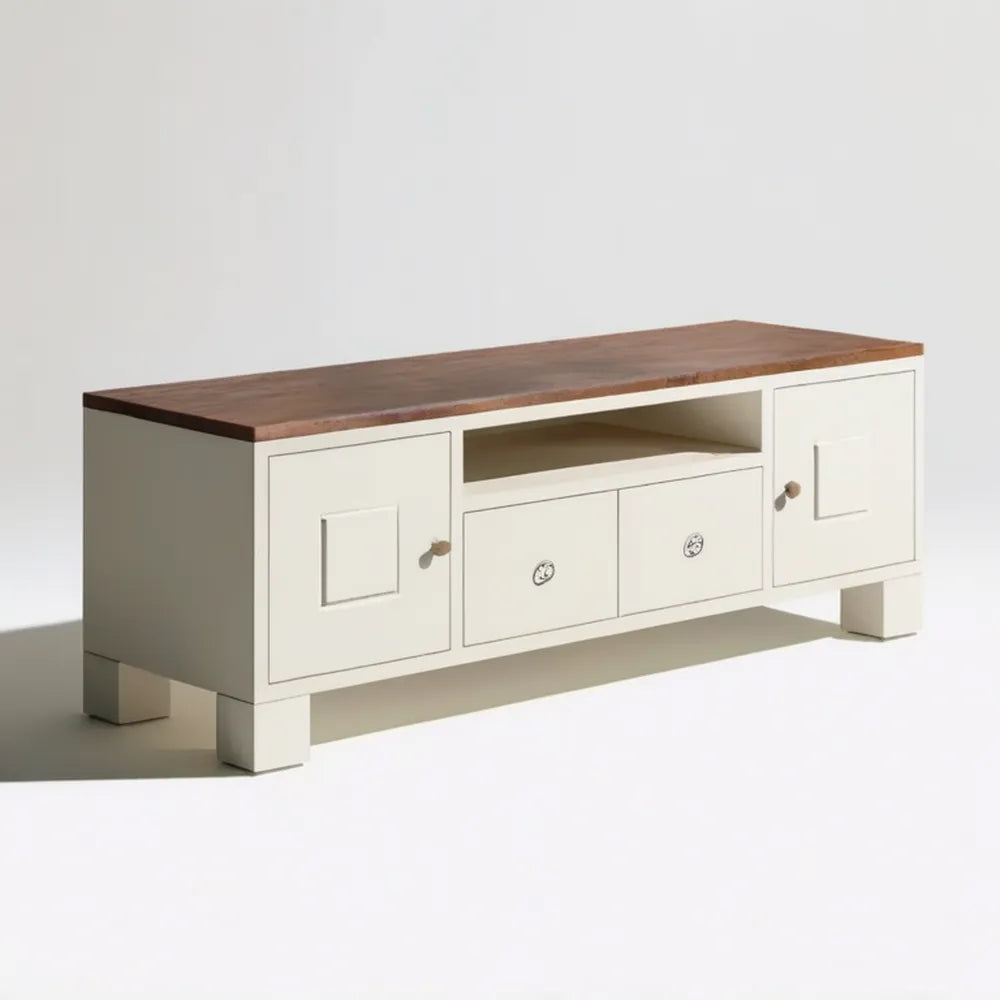 Kremowa szafka RTV z blatem orzechowym 140 x 40 x 55 cm