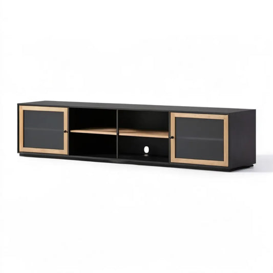 Szafka RTV 180 x 40 x 45 cm Czarna z Ramami z Naturalnego Dębu